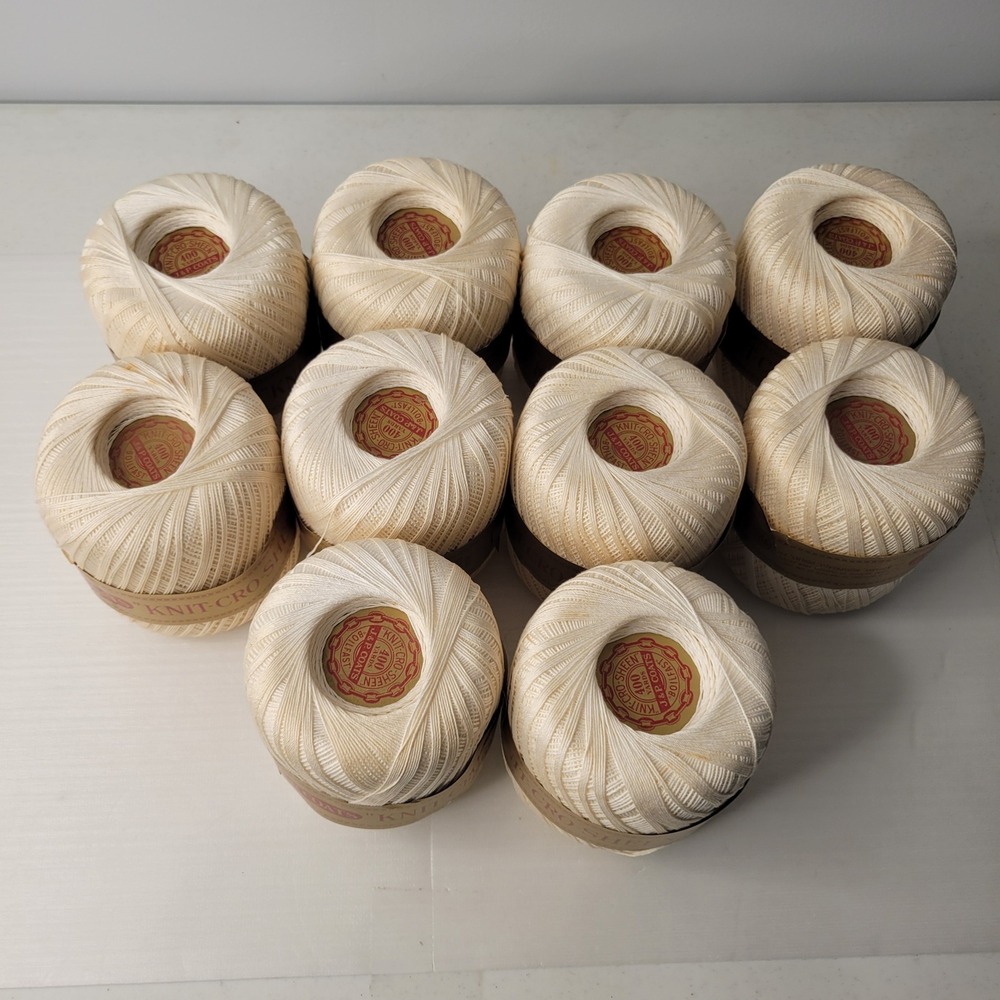 J.P. Coats Knit-Cro-Sheen Thread 10 Balls Cream Mercerized Cotton Art A.65 400yd